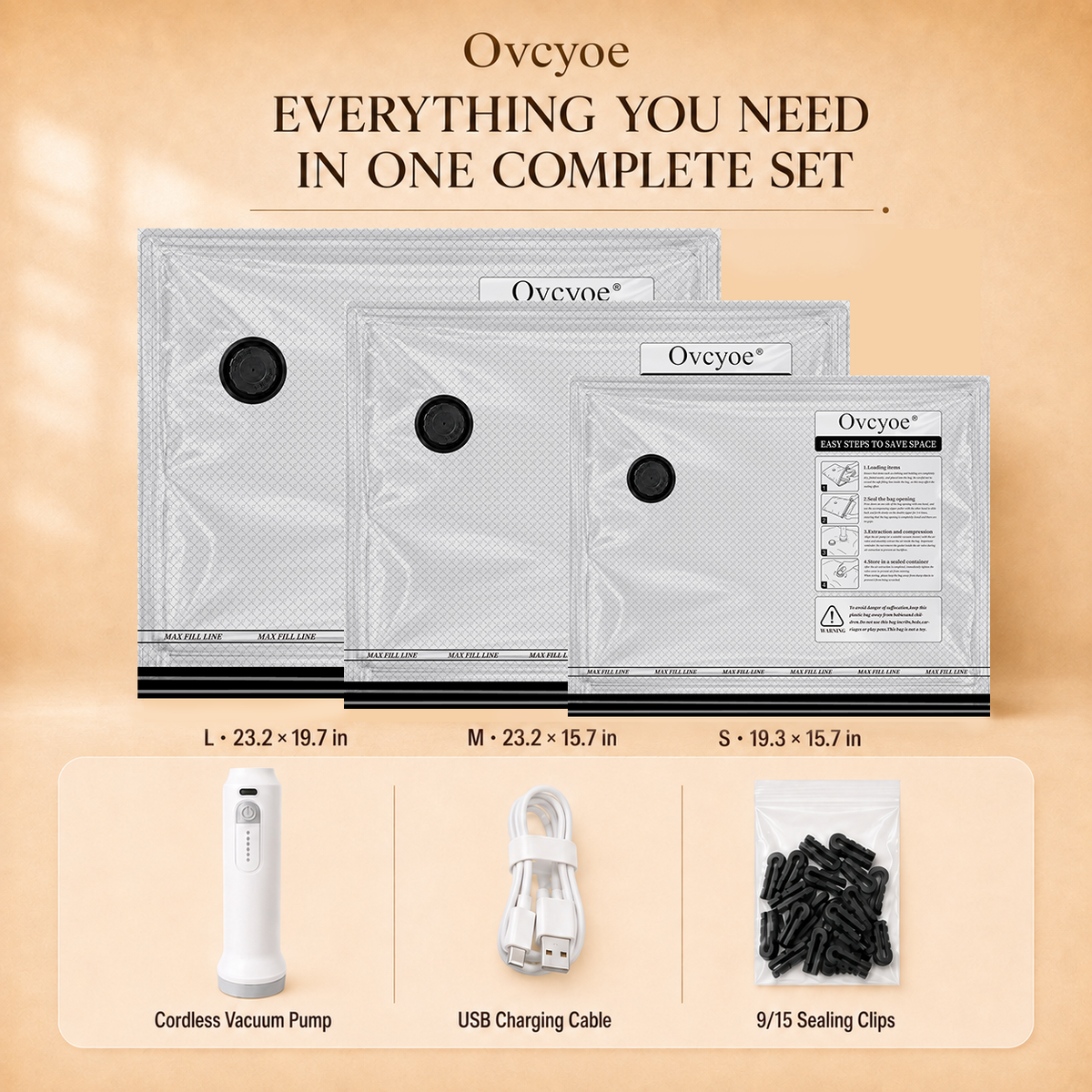 Ovcyoe 15-Piece Travel Vacuum Storage Bags Set with Wireless Electric Pump – 3 Sizes (S/M/L)