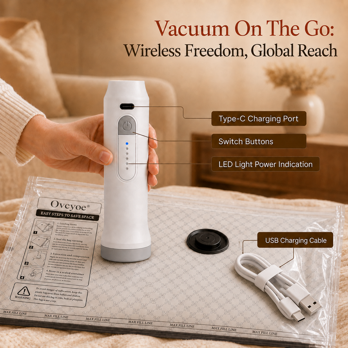 Ovcyoe 15-Piece Travel Vacuum Storage Bags Set with Wireless Electric Pump – 3 Sizes (S/M/L)