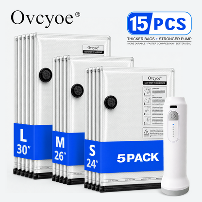 Ovcyoe 15-Piece Travel Vacuum Storage Bags Set with Wireless Electric Pump, 3 sizes S M L, 5 pack each