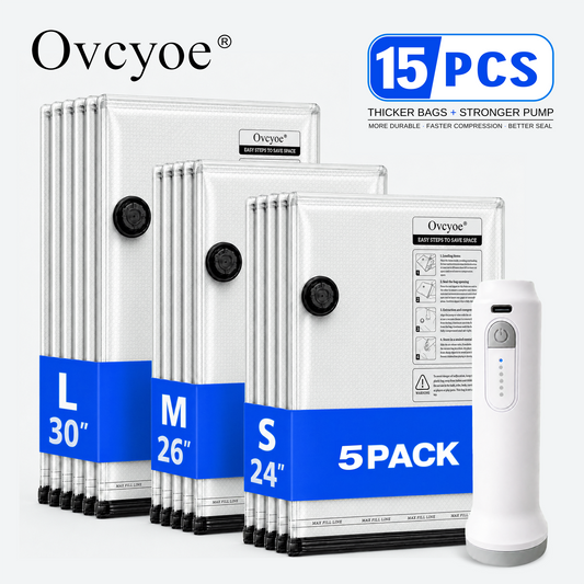 Ovcyoe 15-Piece Travel Vacuum Storage Bags Set with Wireless Electric Pump, 3 sizes S M L, 5 pack each
